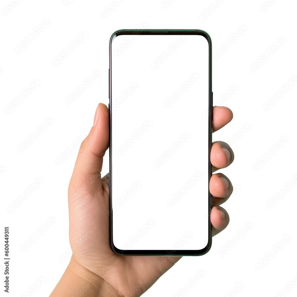 Hand with a smartphone on a white background. Created with Generative AI tools Hand with a smartphone on a white background. Created with Generative AI tools