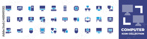 Computer icon collection. Duotone color. Vector and transparent illustration. Containing computer, computer screen, pc, cpu, network, computer server, pc tower, device, desk, mouse, monitor, and more.