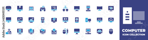 Computer icon collection. Duotone color. Vector and transparent illustration. Containing computer, crack, computer science, play, online question, pc, monitor, online education, stats, and more.