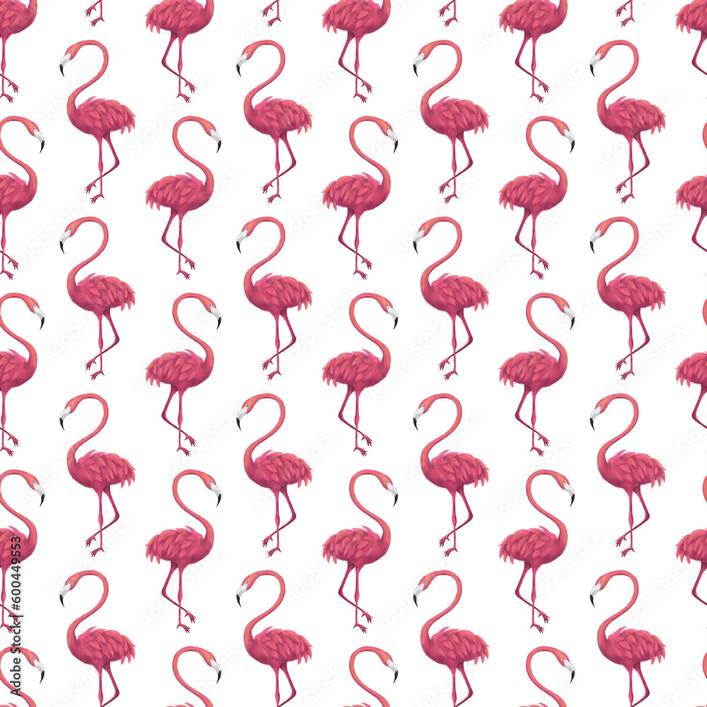 Flamingo White Seamless Pattern. Raster Illustration of Summer Tropical Background. Flamingo White Seamless Pattern. Raster Illustration of Summer Tropical Background.