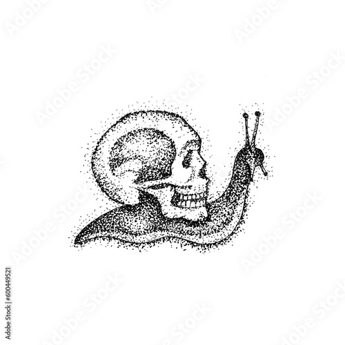 Slow Snail as Death Dotwork. Raster Illustration of Boho Style T-shirt Design. Hipster Tattoo Hand Drawn Sketch with Skull.