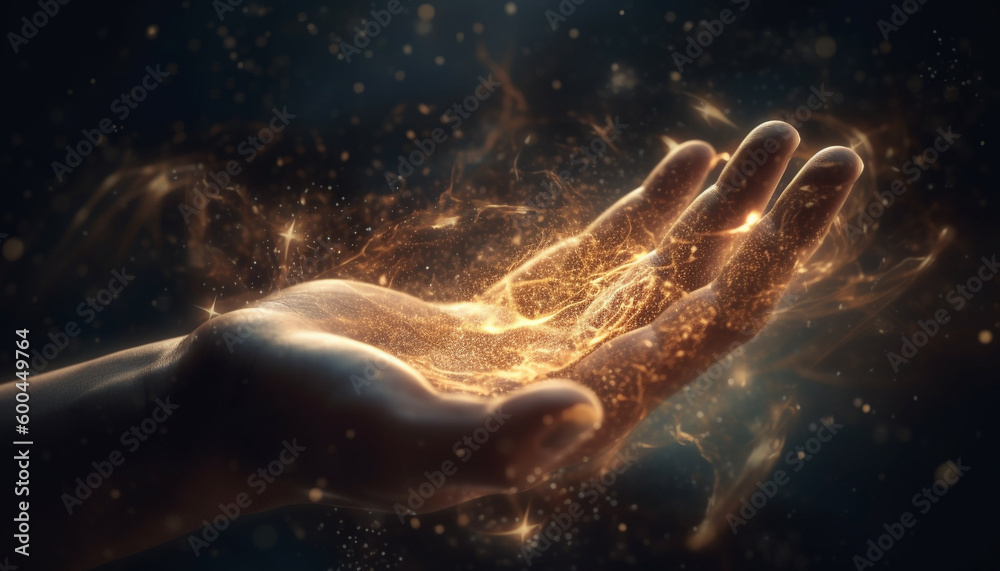 Glowing hand holds flame, symbolizes spirituality generated by AI