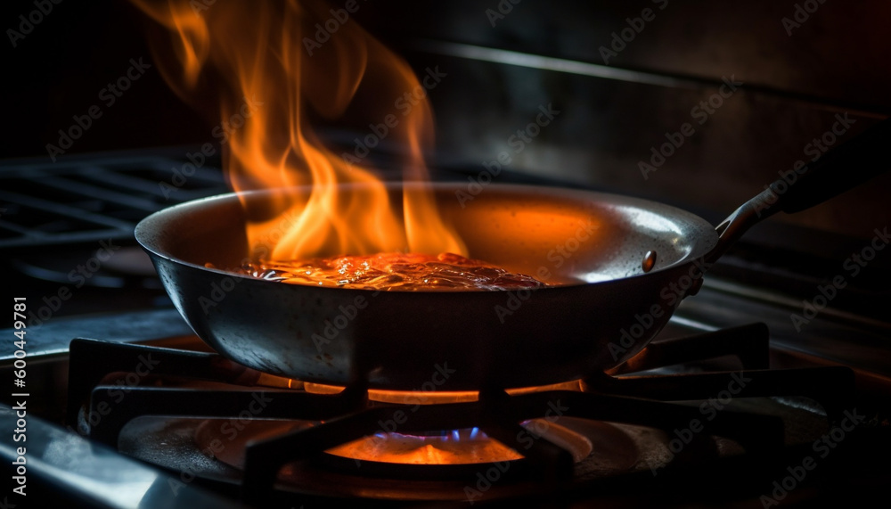 Grilled steak on glowing metal stove top generated by AI