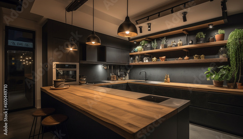 Luxury kitchen island with stainless steel appliances generated by AI