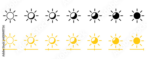 Brightness level vector icon. icon contrast. High contrast level, dark and light modes. Screen brightness level icon set in black and yellow style eps10
