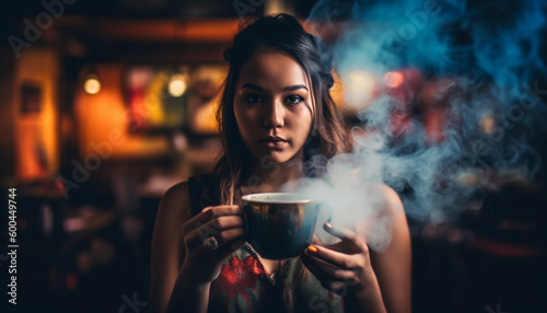 Young woman enjoying hot coffee at home generated by AI