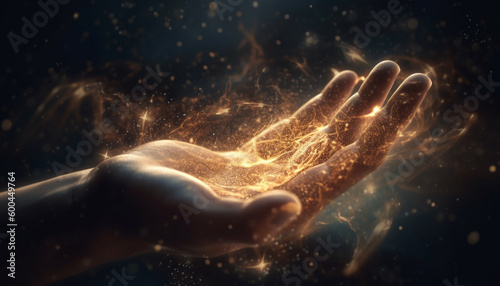 Glowing hand holds flame  symbolizes spirituality generated by AI
