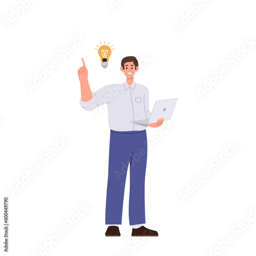 Happy smiling businessman freelancer with laptop computer having idea for startup isolated on white