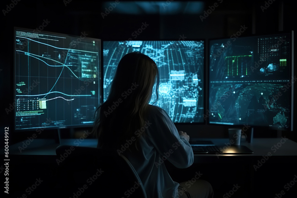 Generative AI image of back view of unrecognizable female standing in front of large monitor displaying world map with continents and observing changing statistics with neon lights Generative AI image of back view of unrecognizable female standing in front of large monitor displaying world map with continents and observing changing statistics with neon lights