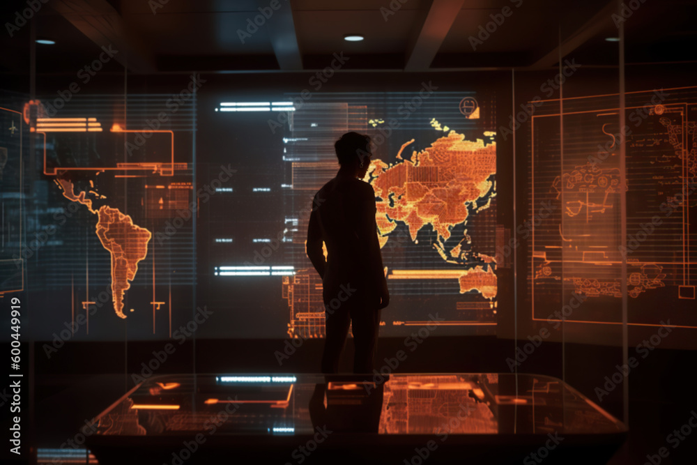 Generative AI image of back view of unrecognizable male standing in research room with large computer monitors while observing Asia South America continents in glowing colors and changing statistics Generative AI image of back view of unrecognizable male standing in research room with large computer monitors while observing Asia South America continents in glowing colors and changing statistics