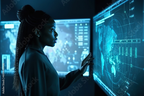 Generative AI image of side view of black female researcher standing in front of large monitor displaying world map with statistics and observing changing environment details photo