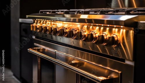Modern stainless steel stove top reflects glowing elegance generated by AI