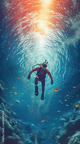 A man in a diving suit is in the water. Generative AI.