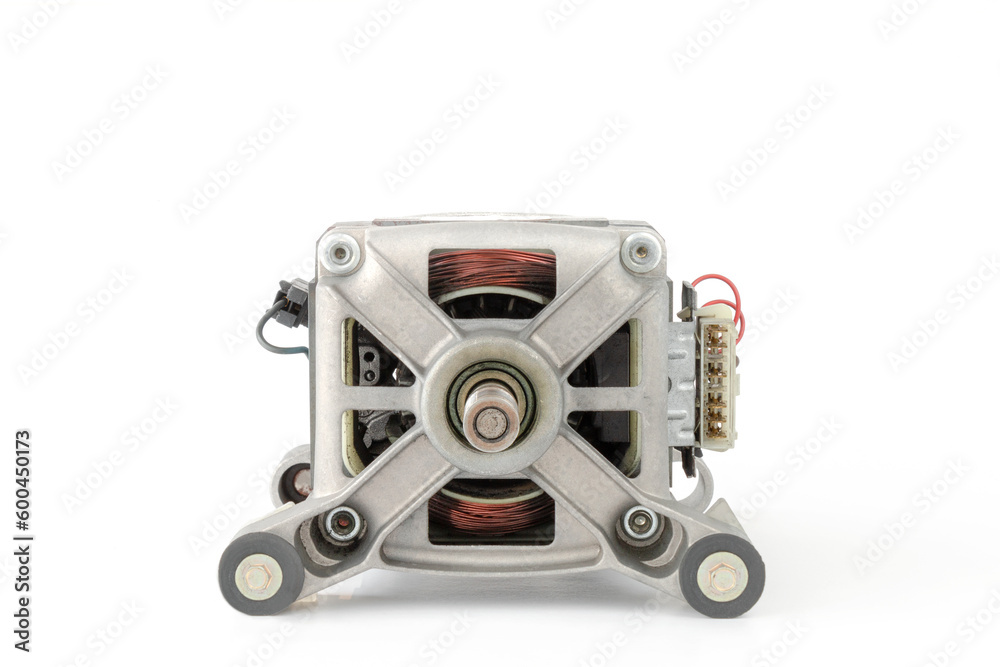 powerful electric motor with shaft, isolated on a white background, copy space