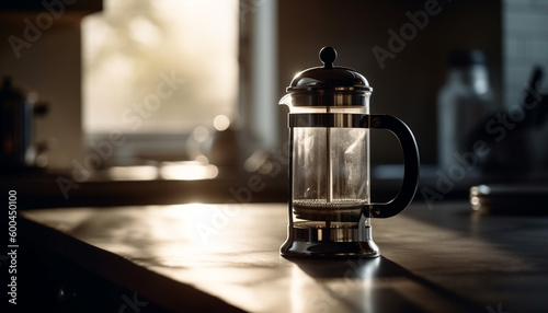 Fresh coffee in metallic mug on wooden table generated by AI