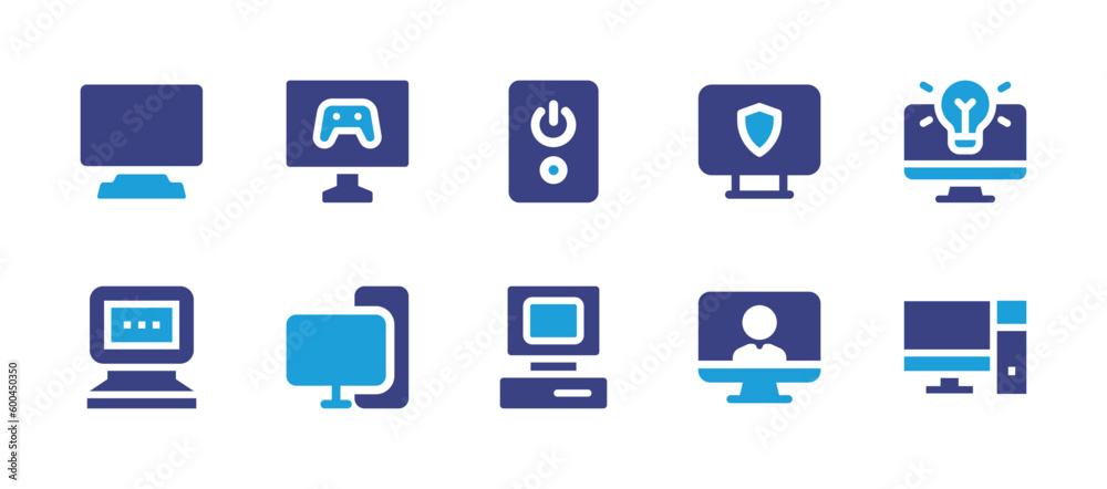 Computer icon set. Duotone color. Vector illustration. Containing computer monitor, computer game, pc tower, computer, application, pc, computer screen, computer desktop.