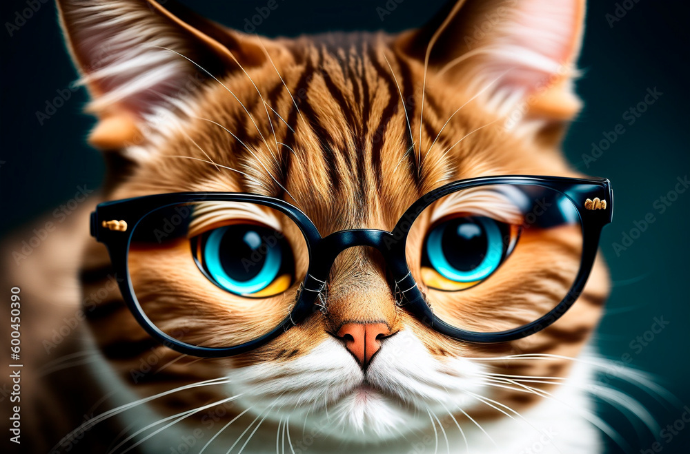 Cat in glasses. Cute smart pussycat in eyeglasses. Generative AI.