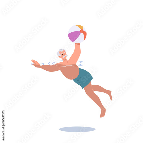 Positive elderly man character swimming in pool with inflatable ball doing aquafit exercise