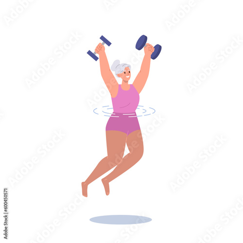 Mature elderly woman character doing aqua fitness exercise training with weight dumbbells in pool