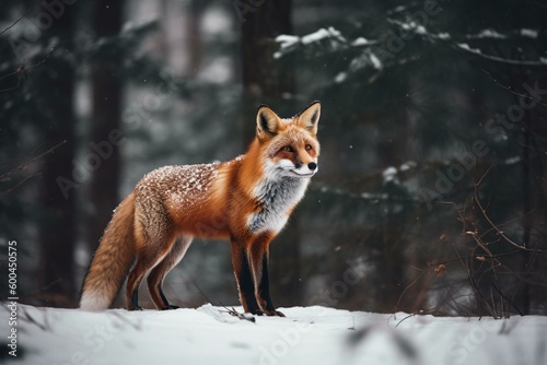 A fox standing in snowy forest. Generative AI