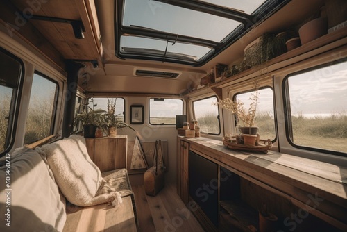 Compact summer home on wheels with large windows, designed for travel. Generative AI