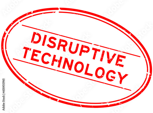 Grunge red disruptive technology word oval rubber stamp in white background