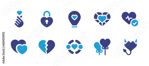 Heart icon set. Duotone color. Vector illustration. Containing i love you, heart lock, love, improve, heart, heartbreak, friendship, heart balloon.
