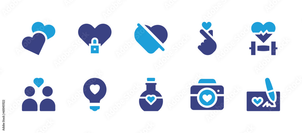 Heart icon set. Duotone color. Vector illustration. Containing hearts, closed, no love, kpop, heart rate, couple, lightbulb, love potion, photo camera, donation.
