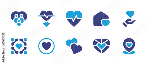 Heart icon set. Duotone color. Vector illustration. Containing heart, heart rate, home sweet home, love, solidarity, gem, location.