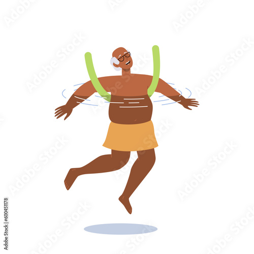 Old senior man character enjoying aqua sport doing water aerobics exercise with foam noodles