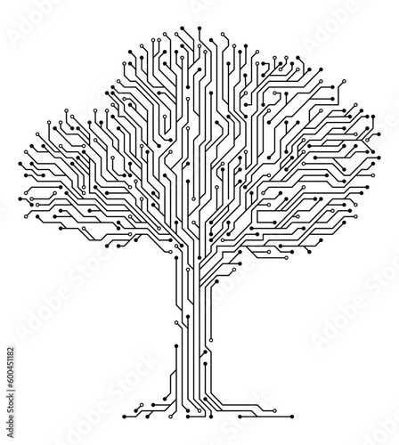 Brain with circuit board texture. Digital concept. Circuit board computer style brain. Stylized mind technology. Artificial intelligence in Tree shape