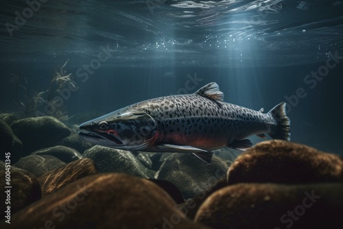 AI-generated image of underwater salmon. Generative AI