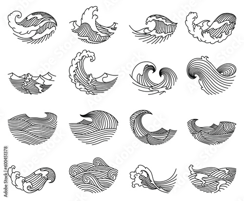 Oriental waves icons japan. Stylized ocean wave curls, japan style tsunami, sea swirls graphics collection. Oceanic water asian decorative ornamental splashes elements. Art vector illustration