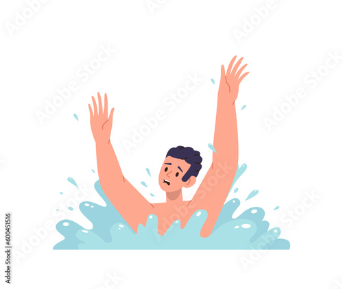 Child sinking in water and calling for help splashing with hands being in danger vector illustration