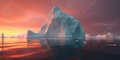 Generative AI illustration of icebergs reflecting in calm sea water under bright colorful sky during sunset