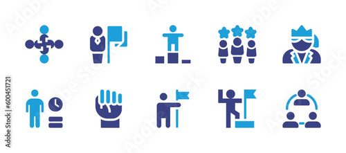 Leadership icon set. Duotone color. Vector illustration. Containing teamwork, leader, podium, business and finance, female, time management, fist, leadership, team.