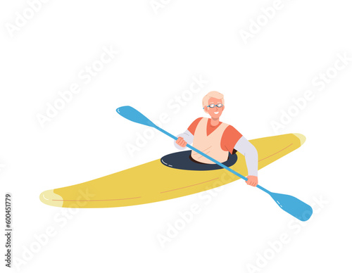 Happy smiling man character kayaking sitting in boat paddling vector illustration isolated on white