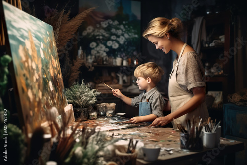 A woman and a child are painting in an art studio. AI generative. Generative AI