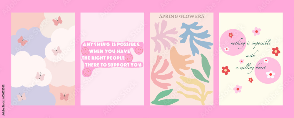 Vector flat illustration. Posters in trendy style with geometric shapes, flowers, leaves, butterflies and inscriptions. Modern minimalist print. Perfect as a pattern, textile design and home decor.