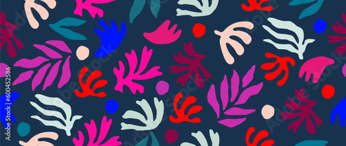 Vector flat illustration. Summer background. Abstract leaves on a dark background. Seamless leaf pattern. Ideal as wallpaper, cover, screen saver, poster and textile design.