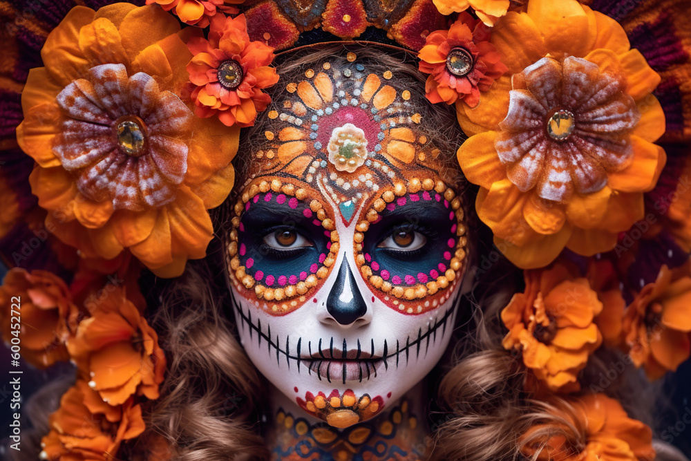 A woman with a sugar skull make - up and flowers in her hair. AI generative. Day of the Dead traditional costumes and makeup Generative AI