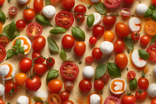 Mediterranean Delights: Tomato, Mozzarella, and Basil Adorned Seamless Background for Gourmet Food Pairing. AI Generative