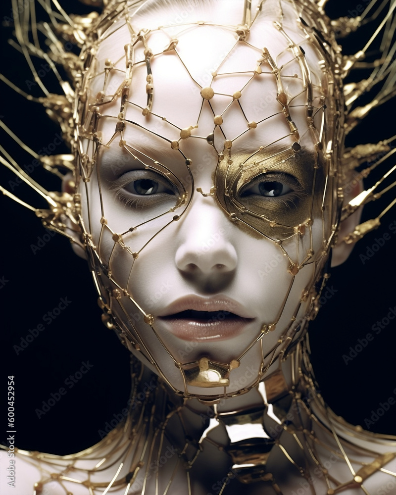 Generative AI fantasy sci-fi cyborg woman. Haute Couture fashion gold ...