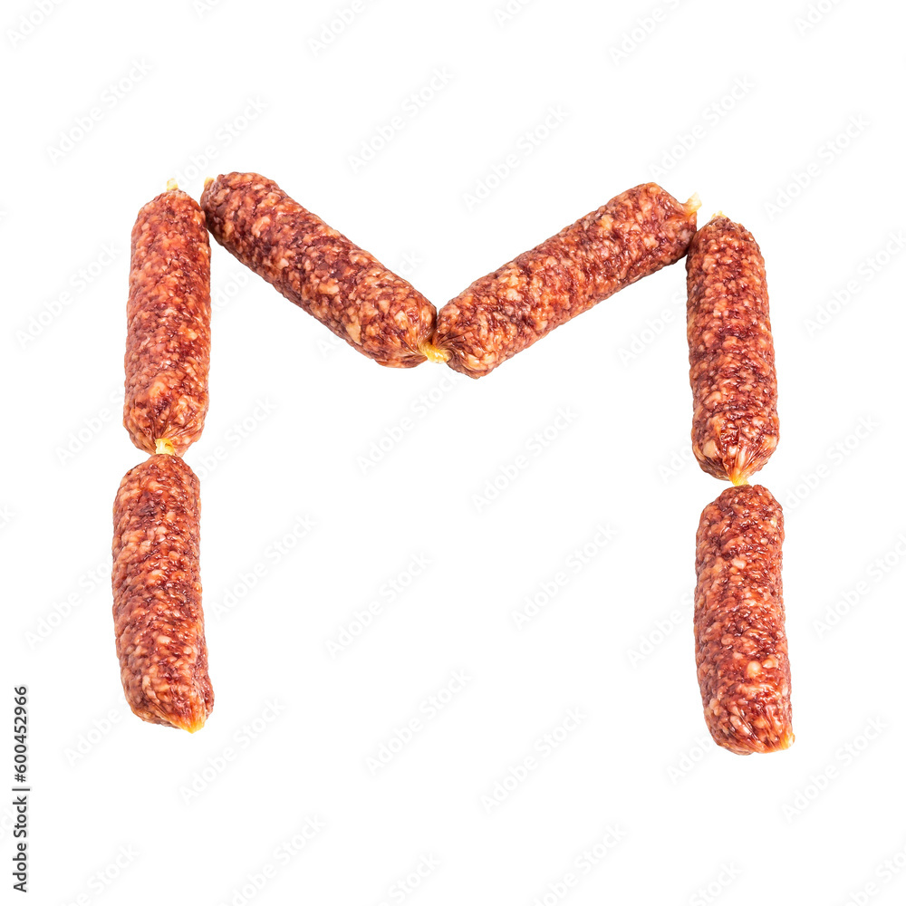 Sausages for beer in the shape of the letter M, isolate on a white background. - obrazy, fototapety, plakaty 