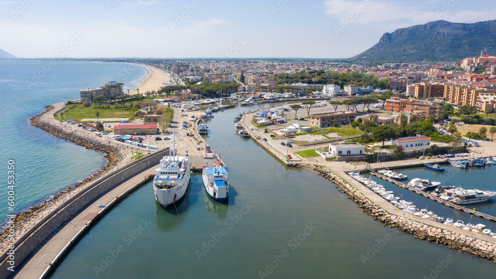 Aerial view of the port of Terracina, in the province of Latina, Italy. In background is the town of Terracina.