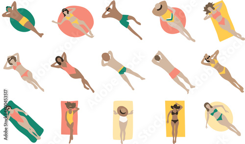 sunbathing people on transparent background. vector, image, clip art, elements, beach. holiday vacation, relaxing people. women men. relaxing on inflatable, blanket.