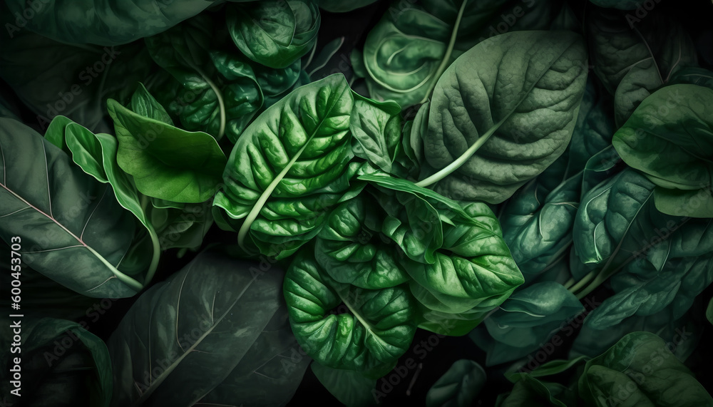 Fototapeta premium Top view on fresh organic spinach leaves. Healthy green food and vegan background.