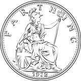Vector money coin British farthing, Britannia on reverse. Black and white