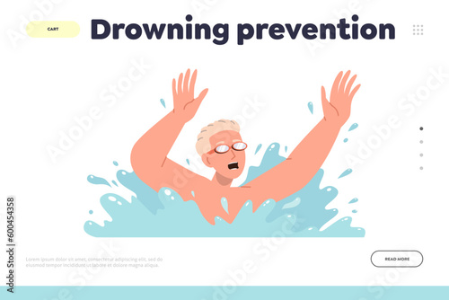 Landing page template with drowning prevention tips for swimmers and tourist at beach resort