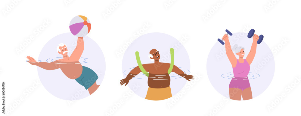 Happy elderly people doing water aerobics physical exercise fro health and wellness round icon set Happy elderly people doing water aerobics physical exercise fro health and wellness round icon set